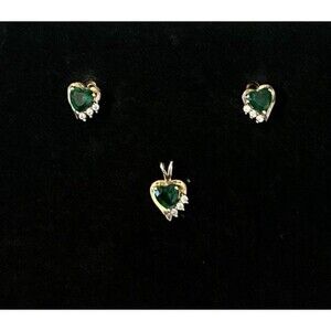 Sterling Silver 14Kt GP Simulated Emerald & White CZ Post Earrings and Pendant